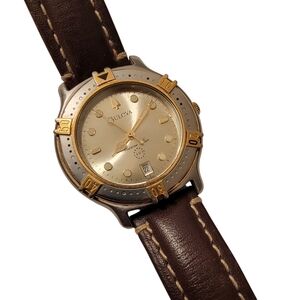 Vintage Bulova Marine Star Quartz Two-Tone Watch with Brown Leather Strap